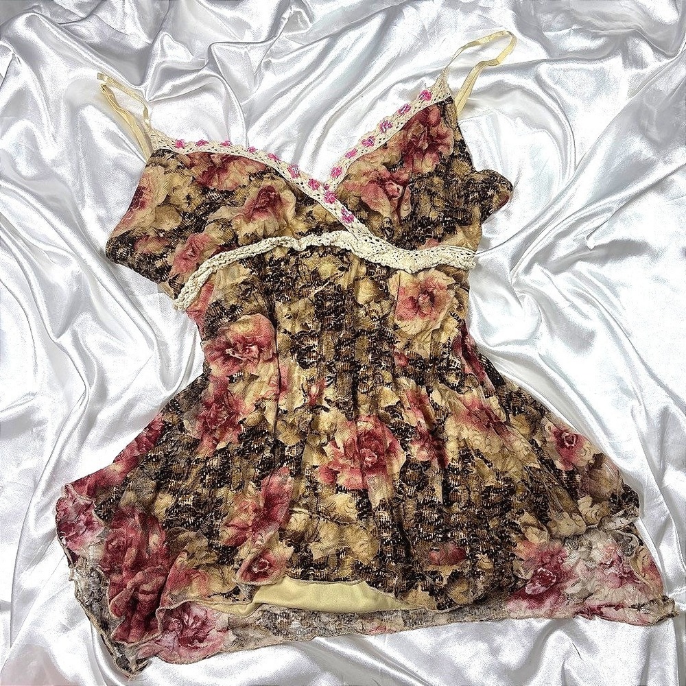 y2k vintage Laura Cami Top Brown Floral Mesh Crochet Sequin L 3-9181